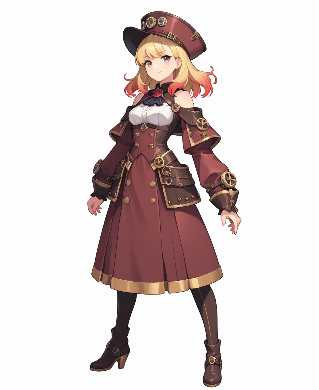 score_9, score_8_up, score_7_up, score_6_up, source anime, 1girl, solo, standing, off shoulder, armor, long sleeves, steampunk, hat, medium breasts, gradient hair, blonde hair, red tips, medium hair, grey eyes, smirk, full body, bangs, closed mouth, medium breasts, white background, simple background