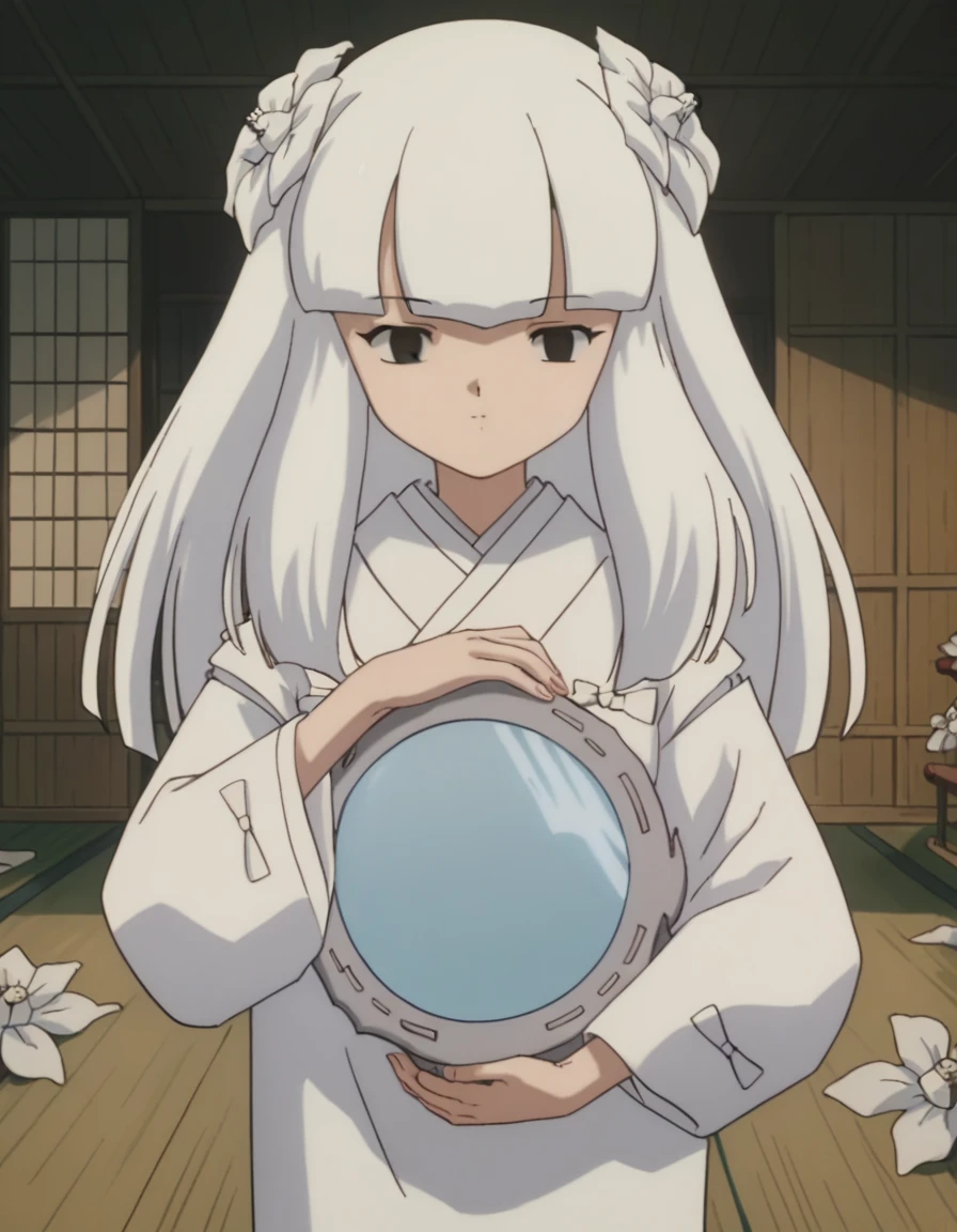 score_9, score_8_up, score_7_up, source_anime,
inuyashakanna, <lora:inuyasha-kanna-ponyxl-lora-nochekaiser:1>,
kanna, long hair, bangs, hair ornament, flower, white hair, hair flower, blunt bangs, black eyes,
japanese clothes, kimono, white kimono,
indoors, dojo,
looking at viewer,