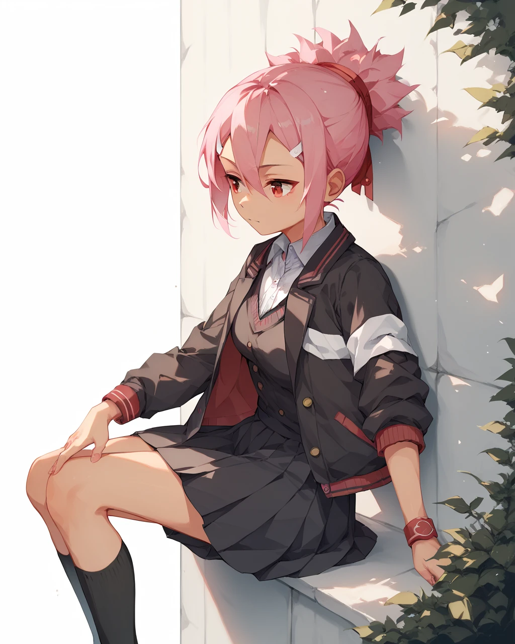 score_9, score_8_up, score_7_up,
<lora:Akamine_Yuuna_PONY:1>,1girl, solo, pink hair,hair between eyes, short hair, short ponytail, hair ornament, red eyes,black socks, hairclip, hair ribbon, black dress, jacket, skirt,school uniform,