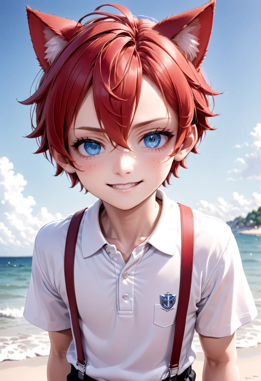 <lora:Aki_epoch_13:0.6>, (1boy:1.2), beach, smile, ( crimson cat ears:1.4), (red ears), male face, male body, more details in eyes, (very short hair:1.2), hair between eyes, cute, adorable boy, cute face, detailed face, handsome, young, juvenile, white skin, eyeshadow, crew cut, crimson hair, details sky, looking at viewer, blush, blue eyes, full shot, red suspenders, (pants), (white polo shirt), aki,petite,
(masterpiece:1.2), best quality, high resolution, unity 8k wallpaper, (illustration:0.8), (beautiful detailed eyes:1.6), extremely detailed face, perfect lighting, extremely detailed CG, (perfect anatomy),