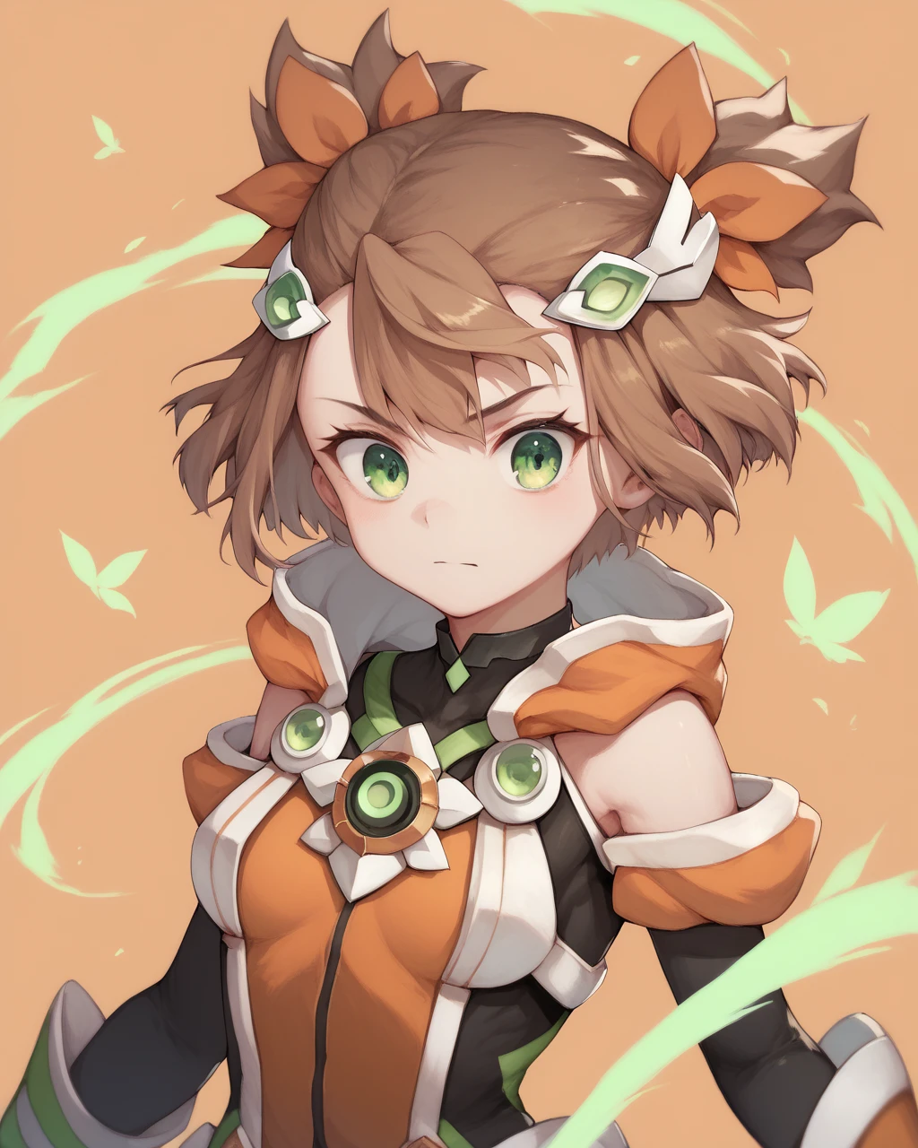 score_9, score_8_up, score_7_up,
<lora:Doi_Tamako_PONY:1>,1girl, solo,short hair, brown hair, hair ornament, short twintails,green eyes, hair ribbon,bodysuit, black thighhighs, Green stripes,orange dress,magical girl,