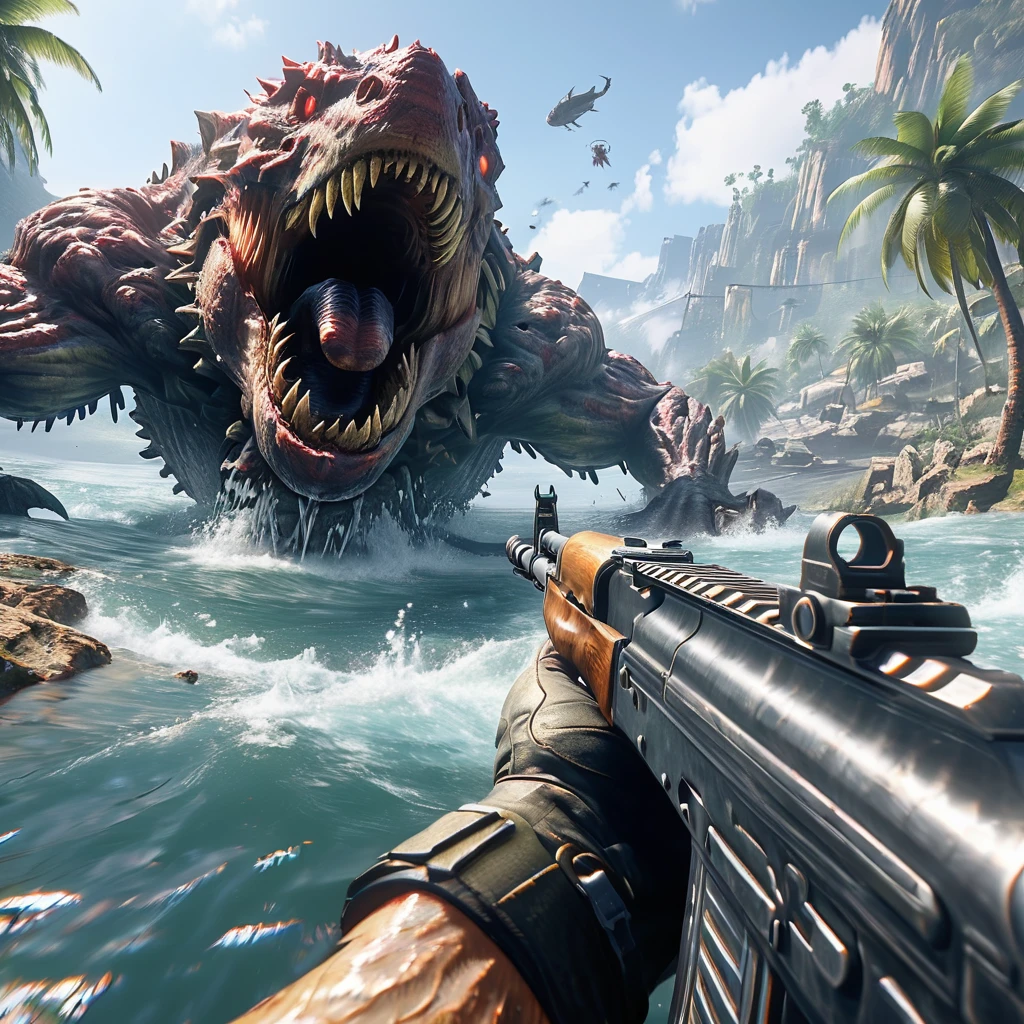 a cinematic shot of a first person shooter, aiming with a ak-47, call of dudy, shooting a giant kraken, water in background, AK47 Pov, HD, masterpiece, best quality, hyper detailed, ultra detailed, super realistic