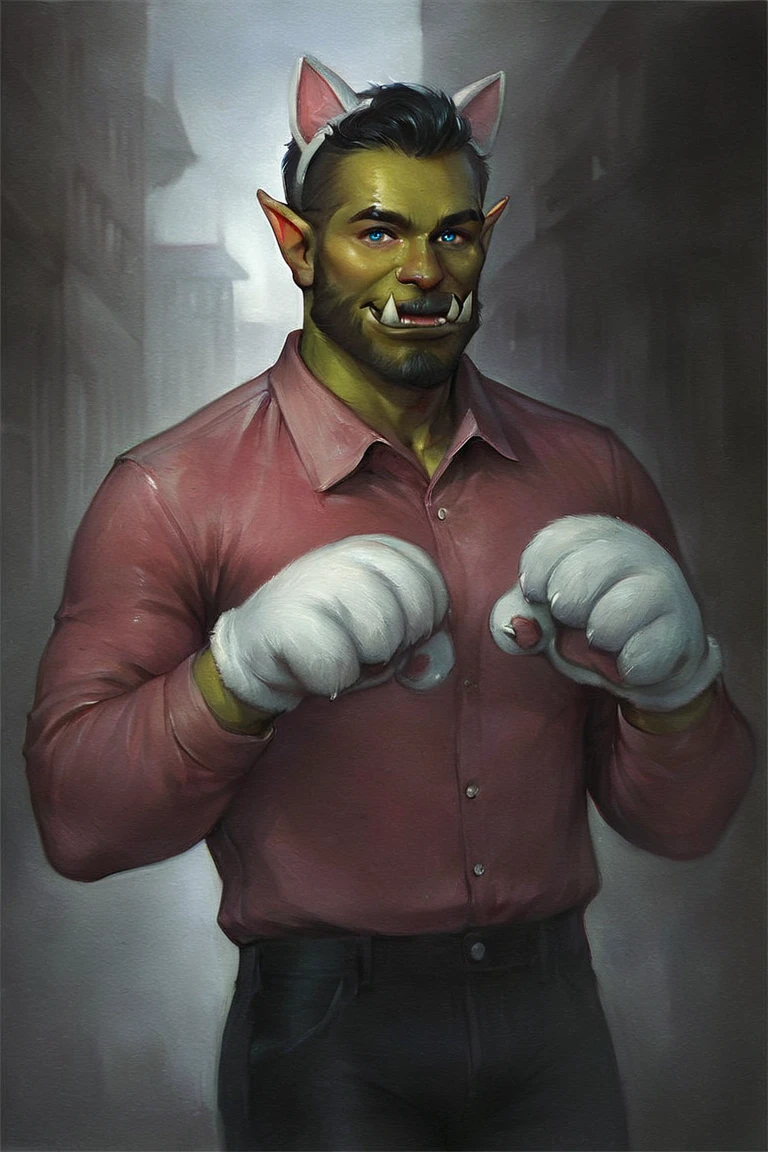 score_9, score_8_up, score_7_up, rating_safe, traditional media, realistic, orc, green skin, tusks, facial hair, beard, mustache, black hair, blue eyes, pink shirt, collared shirt, long sleeves, black pants, muscular, 1boy, solo, male focus, mature male, fake animal ears, animal ears, cat ears, white cat ears, paw gloves, white paw gloves, cat paws, paw pose, smile, looking at viewer, cowboy shot, standing, outdoors, city, building <lora:Сosmic Void Style LoRA_Pony XL v6:0.7>