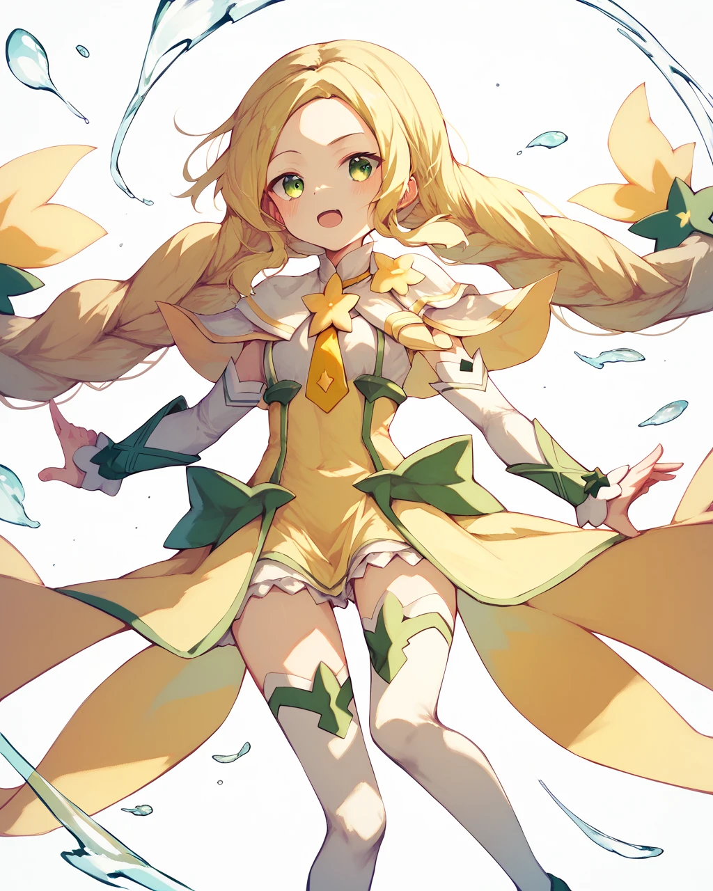 score_9, score_8_up, score_7_up,
<lora:Inubouzaki_Fuu_PONY:1>,1girl, solo, long hair, blonde hair, twintails,green eyes,twin braids,capelet,magical girl,hair ornament,yellow dress,yellow necktie,white thighhighs,detached sleeves,
