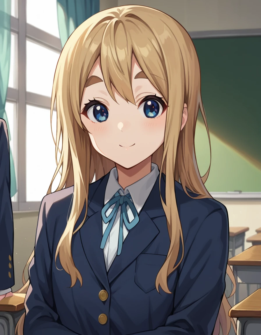 score_9, score_8_up, score_7_up, source_anime,
tsumugikotobuki, <lora:tsumugi-kotobuki-ponyxl-lora-nochekaiser:1>,
tsumugi kotobuki, long hair, blue eyes, blonde hair, thick eyebrows, smile,
sakuragaoka high school uniform, school uniform, uniform, blazer, shirt, white shirt, collared shirt, skirt, pleated skirt,
indoors, classroom,
looking at viewer, cowboy shot, dutch angle, dynamic pose,