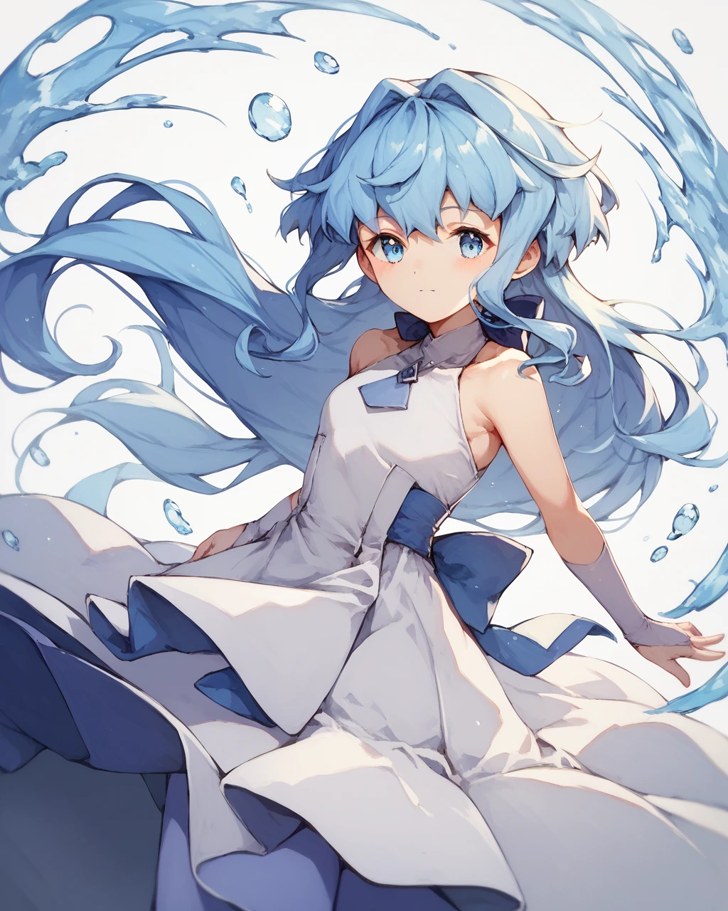 score_9, score_8_up, score_7_up,
 <lora:ãµã©_PONY:1>,ãµã©,1girl, solo, blue eyes, blue hair,long hair,white dress, hair intakes, sleeveless dress,pantyhose,