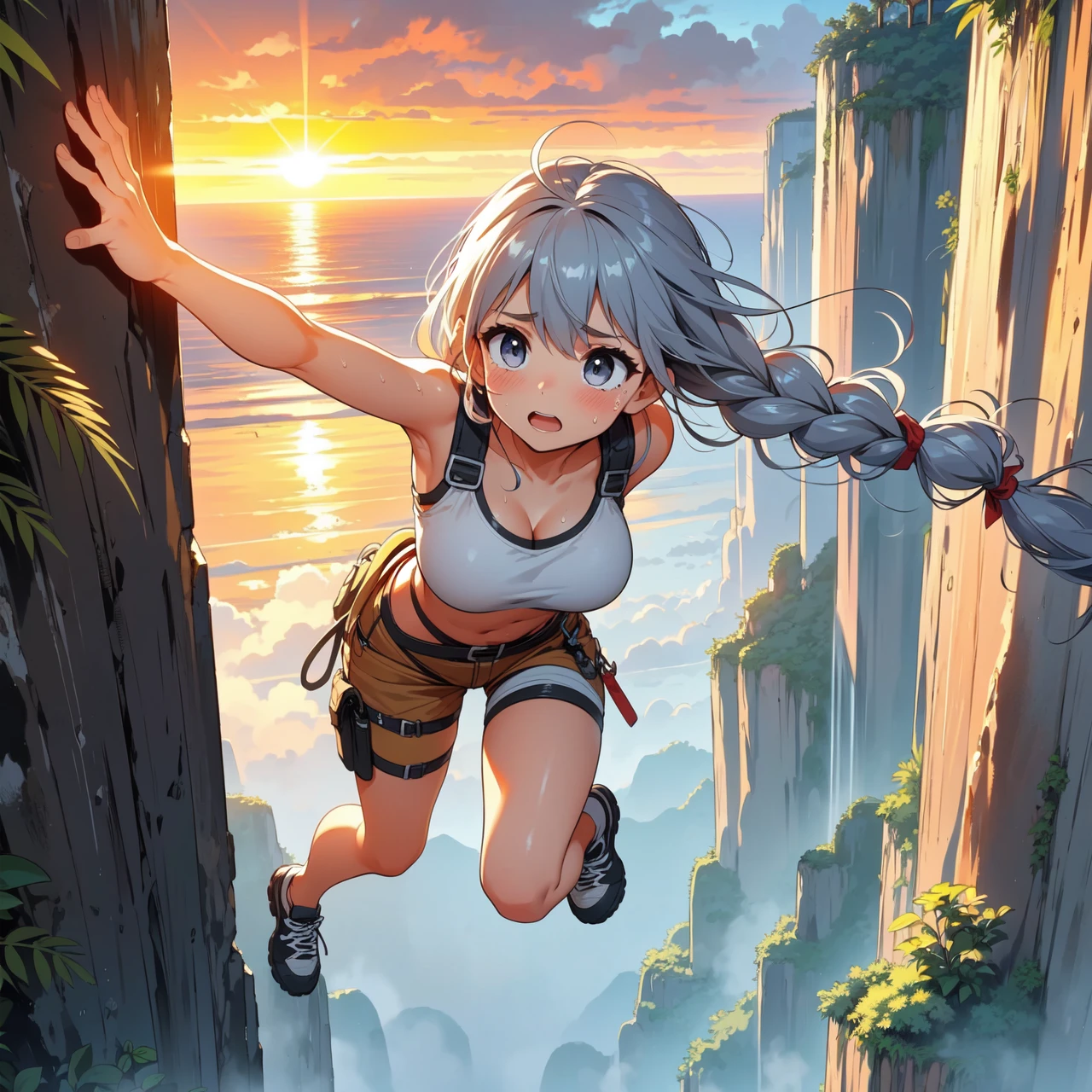 (((masterpiece))), (((best quality))), (((from above))), (((full body))), (((free solo climbing))), ((hands on cliff)), ((raise head)), ((sweat)), ((tan skin)), ((fluttering hair)), ((sneakers)), ((pendant)), (crop top), (shorts), holster, fog, sky, jungle, canyon, high sky, wind, solo, 1girl, cleavage, ((big tits)), open mouth, gray hair, twin braids, ribbon, shy, blush, slim figure, ((sunrise)), <lora:girllikefreesoloclimbing:0.8>