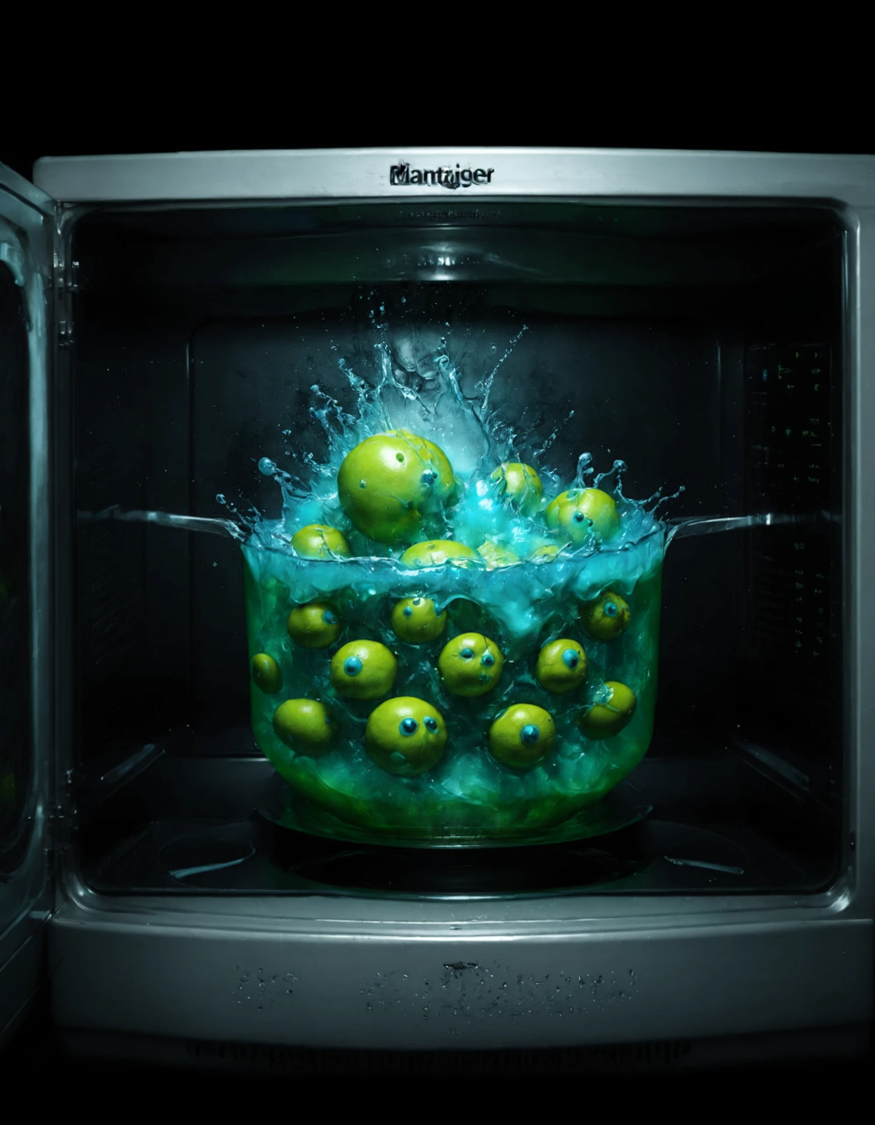 Liquified Carbuncle, BREAK two people kissing, BREAK microwave, BREAK stuck in the microwave, BREAK "BITE ME" (speech bubble), horror creature stuck in microwave, HR Geiger but kawaii, limes, banana, peaches, water splashes, explosions, comedy horror, liquid splatter, blue liquid, green liquid, ink splotches, ultra sharp, masterpiece, official art, BREAK horror scene, specular highlights, kitchen scene, graphic advertisement in a magazine, BREAK WATCH MY 9MM BLADES GO BANG, WA DA DA DANG WA DA DA DA DA DANG!, BREAK joe cartoon style, people in a microwave, liminal horror space 16 bit video game from 1995, <lora:CarbieBlenderXL:0.8>