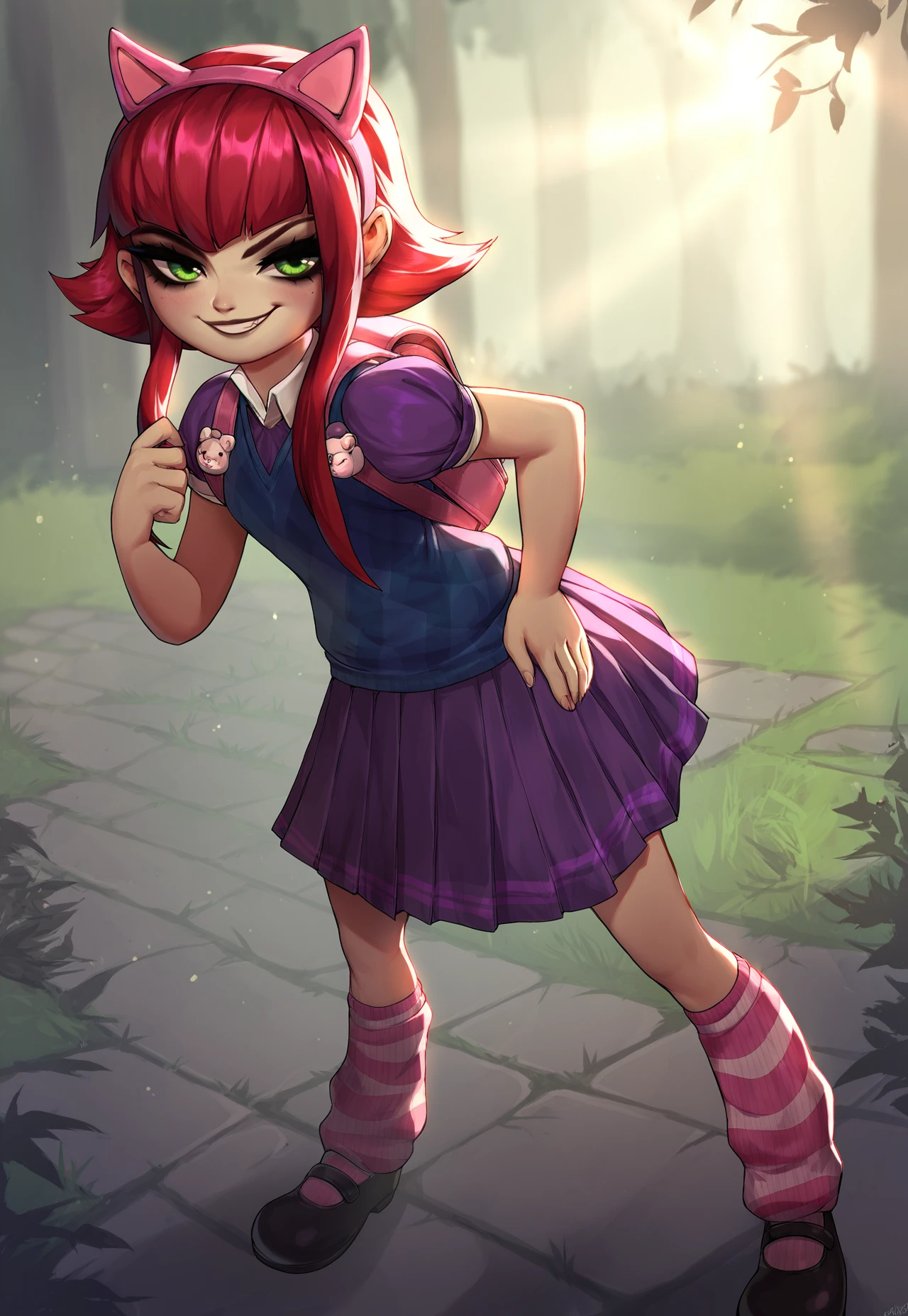 (score_9, score_8_up, score_7_up, score_6_up, score_5_up, :1.1) highres, absurdres, a girl standing , annie \\(league of legends\\), 1girl, solo, standing, full body, contrapposto, hand on hip, short hair, fake animal ears, cat ears, hairband, green eyes, bangs, blush, red hair, skirt, short sleeves, juliet sleeves, puffy short sleeves, puffy sleeves, shirt, pleated skirt, striped, socks, kneehighs, loose socks, purple skirt, blunt bangs, striped legwear, sweater vest, argyle, argyle sweater, school uniform, backpack, randoseru, sidelocks, short hair with long locks, shoes, mary janes, leg warmers, petite, skinny, outdoors, ambient lighting, sunlight, colorful, vibrant, straight hair, looking at viewer, smirk, smug, grin, evil smile, hands, bear pin, cute, child, rating_safe <lora:AnniePonyTest:1>