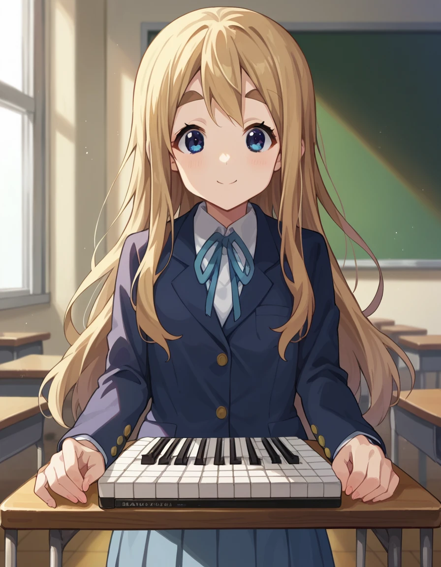 score_9, score_8_up, score_7_up, source_anime,
tsumugikotobuki, <lora:tsumugi-kotobuki-ponyxl-lora-nochekaiser:1>,
tsumugi kotobuki, long hair, blue eyes, blonde hair, thick eyebrows, smile,
sakuragaoka high school uniform, school uniform, uniform, blazer, shirt, white shirt, collared shirt, skirt, pleated skirt,
indoors, classroom, keyboard \(instrument\), instrument, playing instrument,
looking at viewer, cowboy shot, dutch angle, dynamic pose,