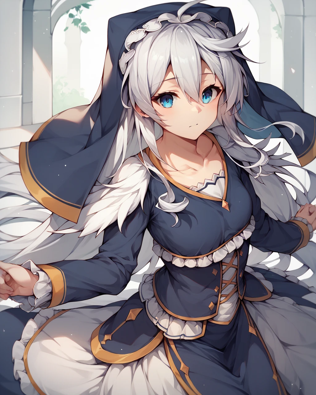 score_9, score_8_up, score_7_up,
<lora:Eris_PONY:1>,eris,1girl,solo,blue eyes,white hair,hair between eyes, very long hair,Ahoge, collarbone, frills, nun,long sleeves,dress,
