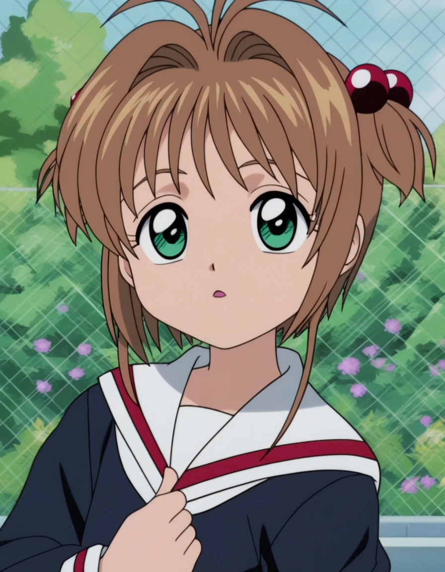 score_9, <lora:sakura_pony_v1:0.7> (kinomoto sakura), anime screencap, looking at viewer, black tomoeda elementary school uniform, (fingers), 4k, posing, upper body, outside