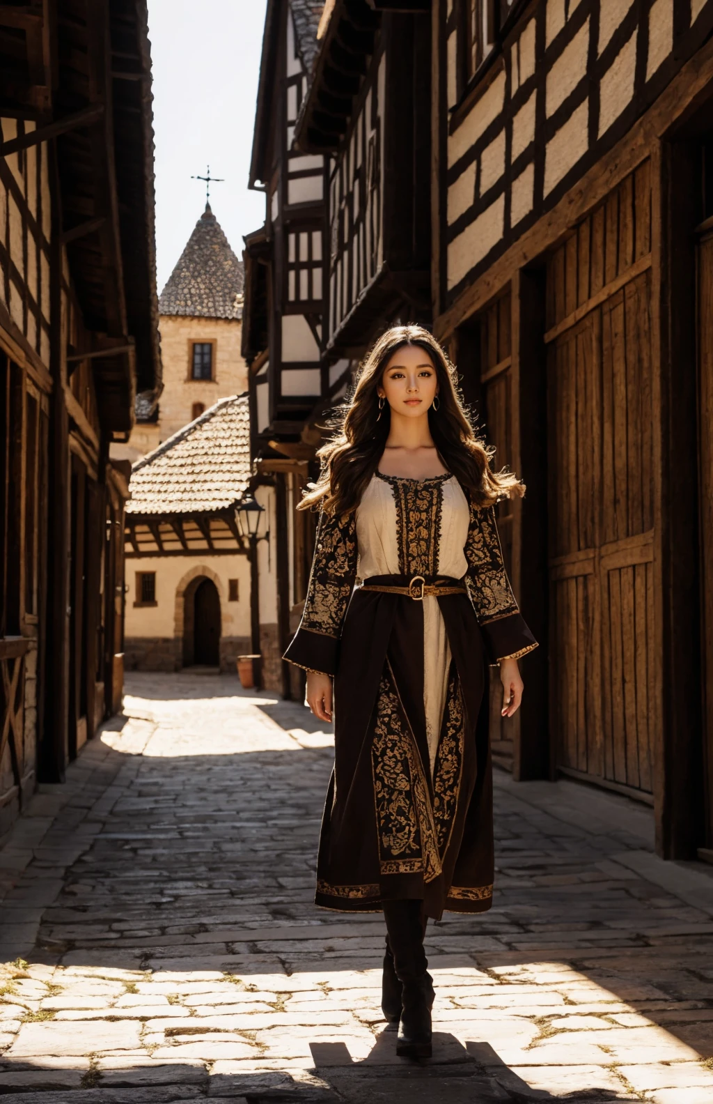 1girl,full body,long hair,intricately detailed,sharp focus,rich shadows,HDR,rembrandt lighting,soft shadows, diffused light,medieval village,wooden buildings,inn,detailed background,vast,ultra highres,intricate texture,Balanced depth of field,