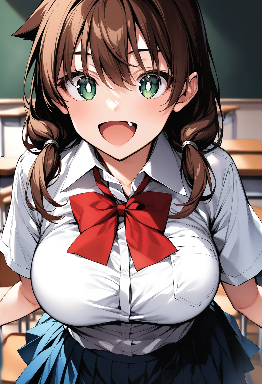 nsfw, nipples, (day:1.7), Japan, Tokyo, CityView, Before Window, a classroom with desks,chalkboard, classroom, desk, indoors,school desk, school chair,
Standing at attention,
brown pleated skirt, 
brown hair,brown eyes,ponytail,
1 girl, 18yo,Young female,Beautiful Finger,Beautiful long legs,Beautiful body,Beautiful Nose,Beautiful character design, perfect eyes, perfect face,
looking at viewer, in the center of the image,
NSFW,official art,extremely detailed CG unity 8k wallpaper, perfect lighting,Colorful, Bright_Front_face_Lighting,
(masterpiece:1.0),(best_quality:1.0), ultra high res,4K,ultra-detailed, 8K, HDR, highres, absurdres:1.2, Kodak portra 400, film grain, blurry background, bokeh:1.2, lens flare, (vibrant_color:1.2)
(Beautiful,large_Breasts:1.4), (beautiful_face:1.5),(narrow_waist), smile, sweat, sitting, from above