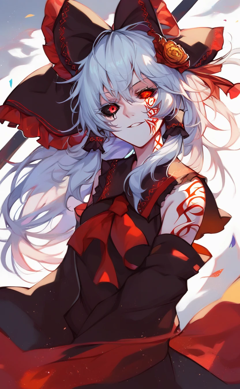 score_9, score_8_up, score_8, 1girl,maga-reimu,tattooing,dress,,Big bow <lora:祸SD32:1>,shrine,portrait,Wide sleeve,Reimu Hakurei, White hair,Anime,Red eyes,black_sclera,orange_eyes,mismatched_sclera,heterochromia,portrait,dark_persona