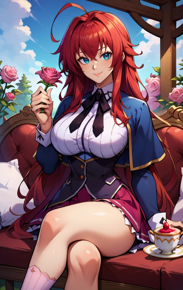 (((masterpiece))), ((high resolution)), detail, red-haired girl, hypdertailed, sitting on a table, greeneyes, breasts big, defined abdomen, (((thick-thighs))), choker, red lace open corset, books on the table, wearing glasses,