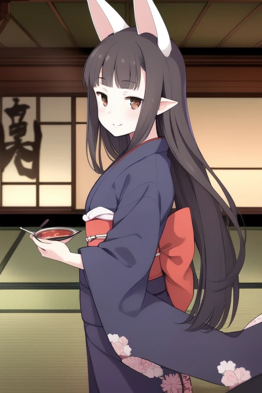 <lora:Hasaha_adult:0.8>, Hasaha_adult, 1girl, soro, brown eyes, animal ears, black hair, pointy ears, long hair, fox ears, bangs, blunt bangs, futon, Japan room, tatami,
japanese clothes, smile, kimono, looking at viewer, red eyes, bug,
 masterpiece, high quality, very_high_resolution, large_filesize, full color,