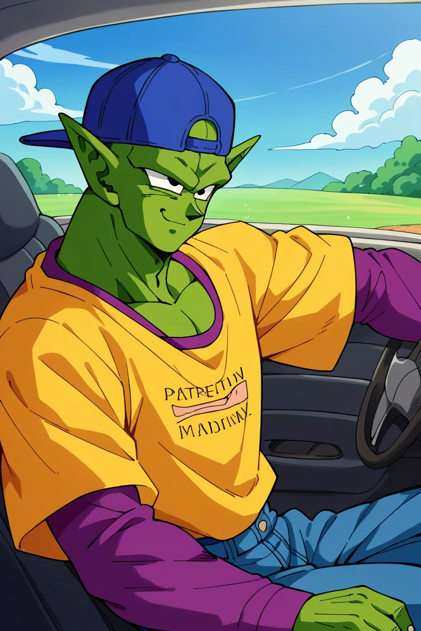 score_9, score_8_up, score_7_up, score_6_up, score_5_up, score_4_up,source_anime BREAK piccolo, 1boy, male focus, solo, green skin, pointy ears, black eyes, car interior, driving,convertible,yellow t-shirt, purple sleeves,long sleeves,blue baseball cap,backwards hat,outdoors, grass, tree,blue sky,smile, closed mouth,jeans     <lora:Piccolo_v0_9:1>