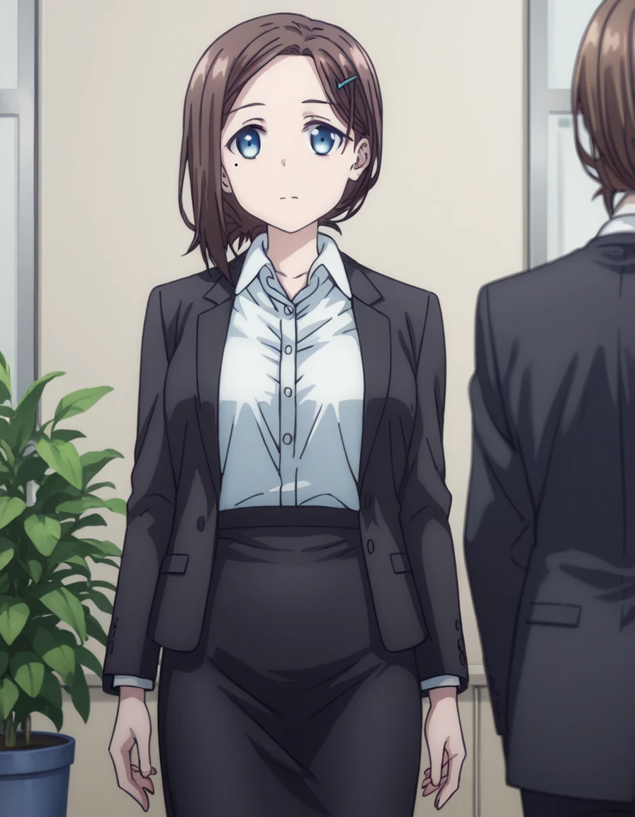 score_9, score_8_up, score_7_up, source_anime,
tawawakouhai, <lora:tawawa-kouhai-chan-ponyxl-lora-nochekaiser:1>,
kouhai, short hair, blue eyes, brown hair, hair ornament, hairclip, mole, mole under eye,
skirt, shirt, jacket, white shirt, collared shirt, black skirt, black jacket, dress shirt, formal, suit, pencil skirt, office lady,
indoors, office,
looking at viewer,