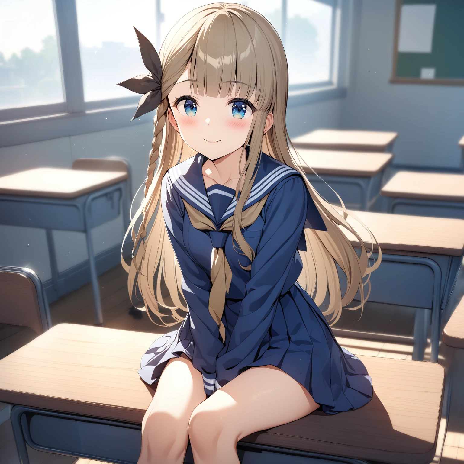 [high quality, best quality], cinematic, 1girl, solo, narumiya suzu, hair bow, serafuku, sitting on desk, smile, blush, classroom, bloom, hdr, <lora:suz:0.72>