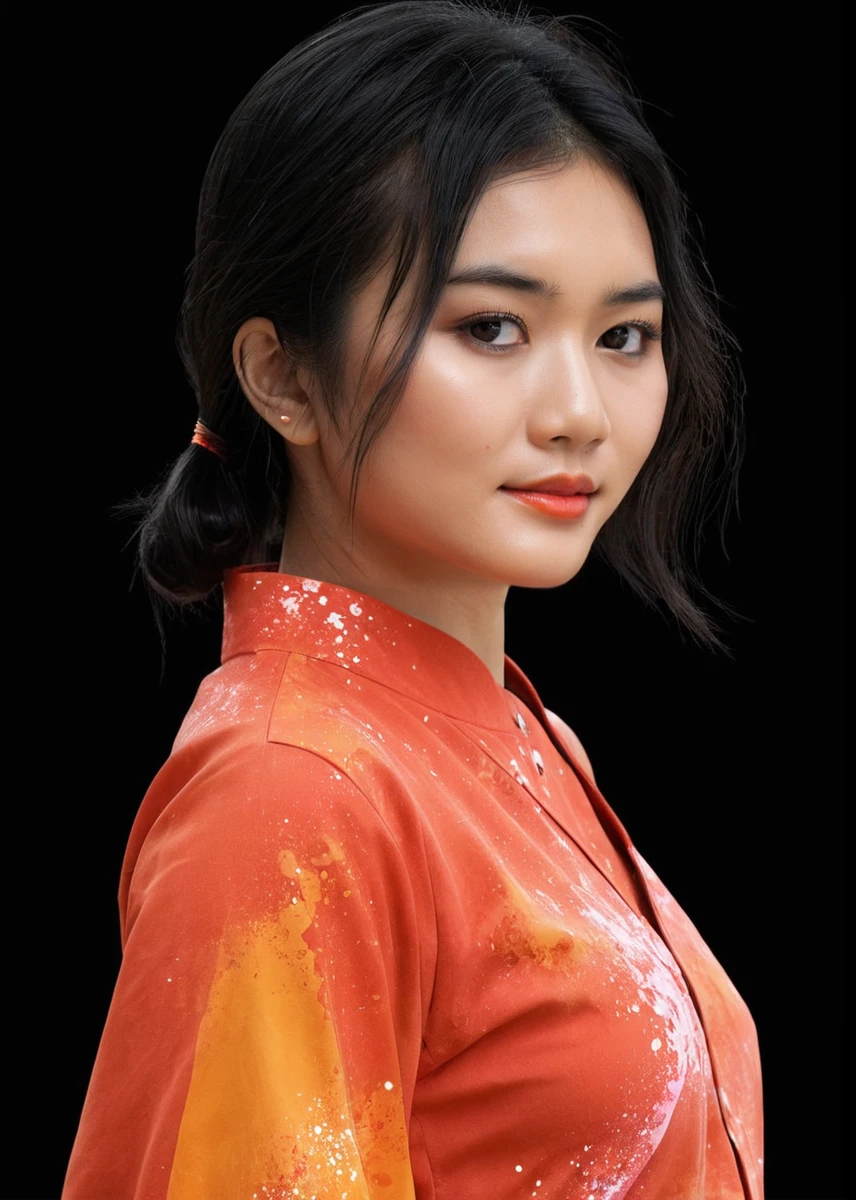(masterpiece,best quality,realistic,), baixl-shuimo, paint splatter, 1girl, female focus, solo, ink wash painting, chinese clothes, upper body, red and orange theme, black background, <lora:MS_Yori_XL:0.8>