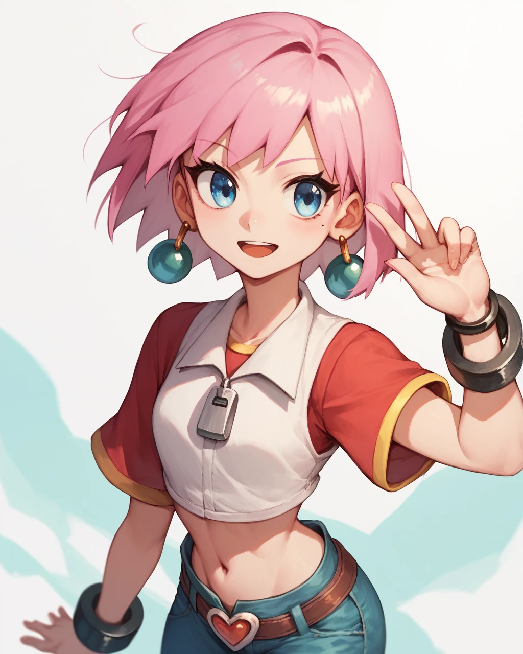 score_9, score_8_up, score_7_up,
<lora:Beauty_PONY:1>,beauty,1girl,solo,short hair, blue eyes,pink hair, navel,earrings, bracelet, crop top, jeans,