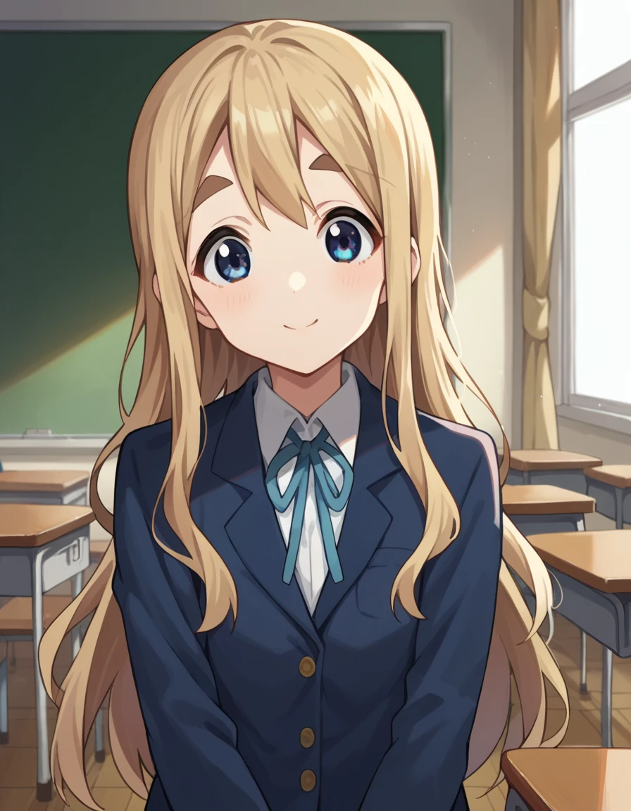score_9, score_8_up, score_7_up, source_anime,
tsumugikotobuki, <lora:tsumugi-kotobuki-ponyxl-lora-nochekaiser:1>,
tsumugi kotobuki, long hair, blue eyes, blonde hair, thick eyebrows, smile,
sakuragaoka high school uniform, school uniform, uniform, blazer, shirt, white shirt, collared shirt, skirt, pleated skirt,
indoors, classroom,
looking at viewer, cowboy shot, dutch angle, dynamic pose,