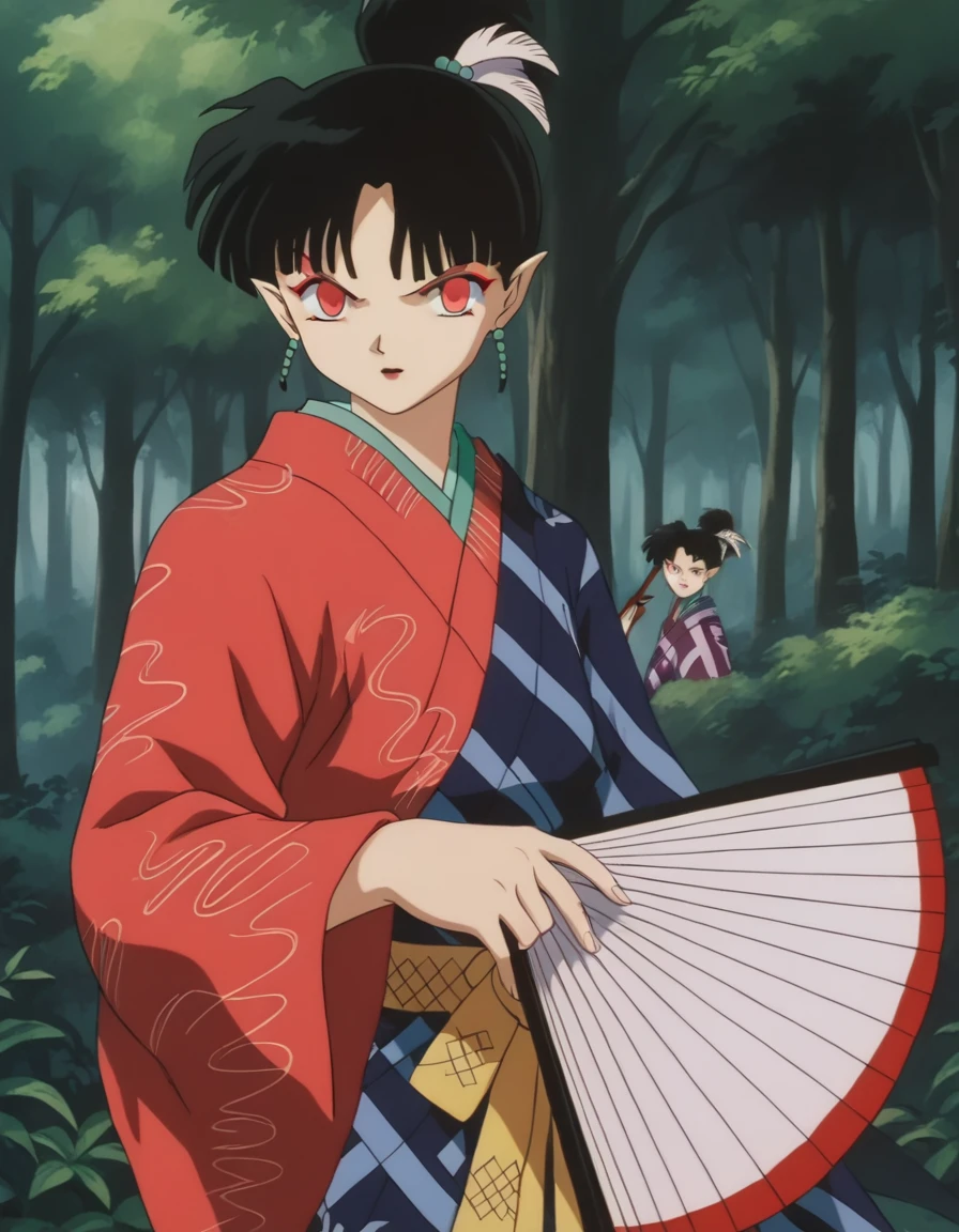 score_9, score_8_up, score_7_up, source_anime,
inuyashakagura, <lora:inuyasha-kagura-ponyxl-lora-nochekaiser:1>,
kagura, black hair, hair ornament, red eyes, pointy ears, makeup, feathers, feather hair ornament, ponytail,
jewelry, earrings, japanese clothes, kimono, makeup, hand fan, folding fan, red kimono, holding fan,
outdoors, forest, nature,
looking at viewer,