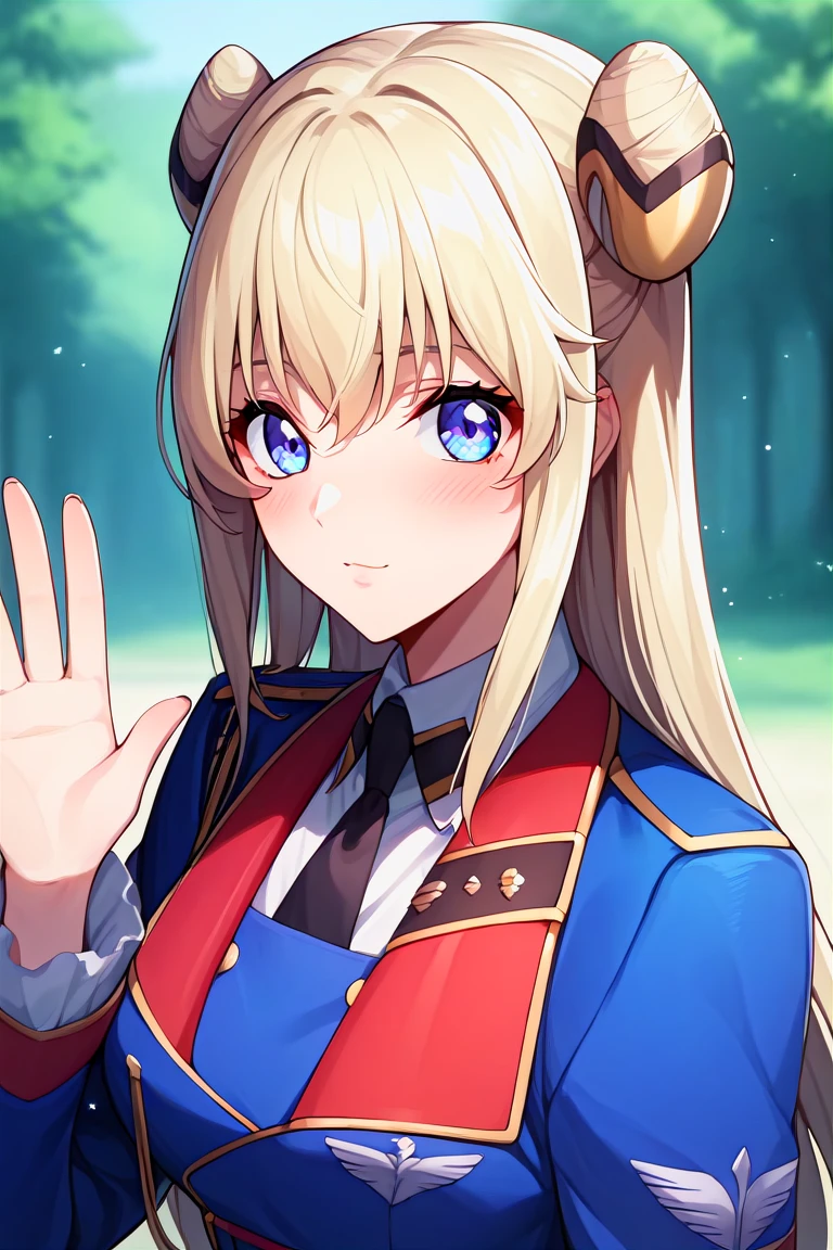 score_9, score_8_up, score_7_up, score_6_up, score_5_up, score_4_up, rating_questionable, , source_anime, digital illustration, pixiv, fanbox, uncensored, , BREAK, official art,
1girl, solo, female, leila malcal, blonde hair, double bun, hair ornament,
military uniform, blue uniform, waving, outdoors, upper body, blush, cowboy shot, looking at viewer, <lora:Leila_Malcal-10:0.9>