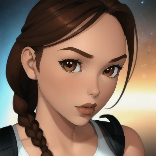 <lora:Vintage_Lara_Croft:1> 1 girl, solo, brown hair, braid, single braid, (brown eyes), wearing tank top, shorts, lips, looking at the viewer, close up ((portrait)), focus on face, blurred background, space elevator, fingerless gloves