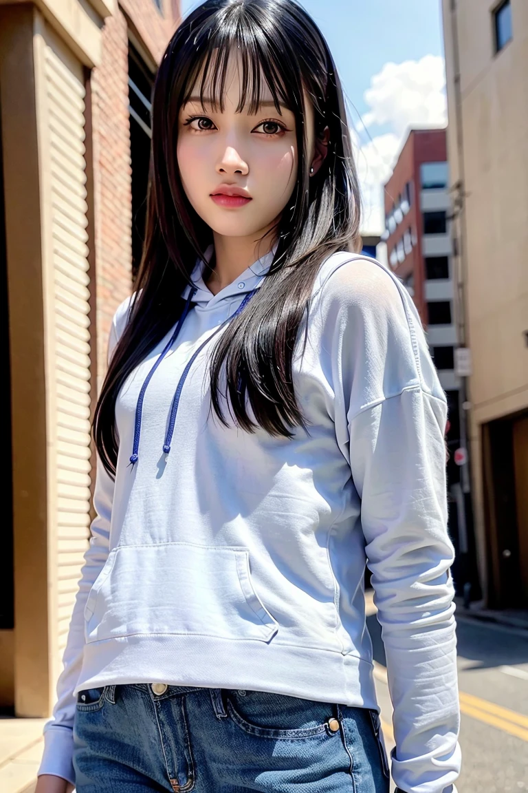 H1N4T4, One girl, Hyuuga Hinata, alone, (Realistic:0.5), masterpiece, alone, (Highest quality, perfect detaileded, beautifully detaileded face, detaileded eyes), Sparkling, Ray Tracing, Depth of written boundary, High resolution, Gradient Eye, sharp eyelash, ((eyelash)), mascara, detailed_face, eyelash, Shiny Hair, make out, seductive 笑face, Part your lips, Medium chest, (Soft particles floating:1.1), ((View your viewers)), (Playmate pose:1.1), (whole body:1.1), ((8k wallpaper)), ((High resolution)), Long Hair, Black Hair, White eyes, (pants:1.2), Hands on hips, Food, bangs, whole body, Are standing, Blurred, View your viewers, Long sleeve, 笑face, (grassland:1.4), (wood:1.2), (Cherry Blossom:1.3), (blue sky:1.3), (sun),