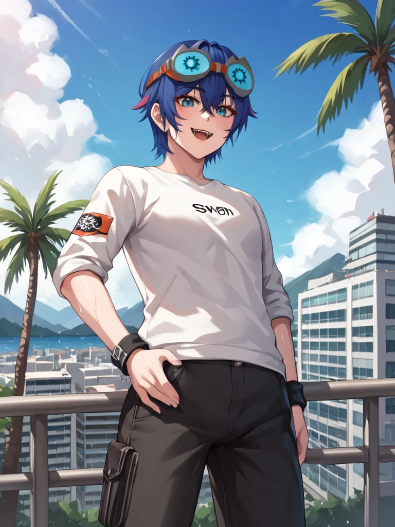 score_9, score_8_up, score_7_up, score_6_up, score_5_up, score_4_up, BREAK source_anime, <lora:kanovt19:0.8>, blue_hair, eyebrows_visible_through_hair, fang, hair_between_eyes, kanovt, looking_at_viewer, portrait, rating:safe, shirtsolo, short_hair, smile, solo, goggles, full body, supermodel, sweaty skin,looking at viewer, wrist band, day, scenery, outdoors, blue sky, cloud, mountain, mountainous horizon, ocean, building, city, cityscape, palm tree, flower, (from below) , epiCPhoto, pants,sweater