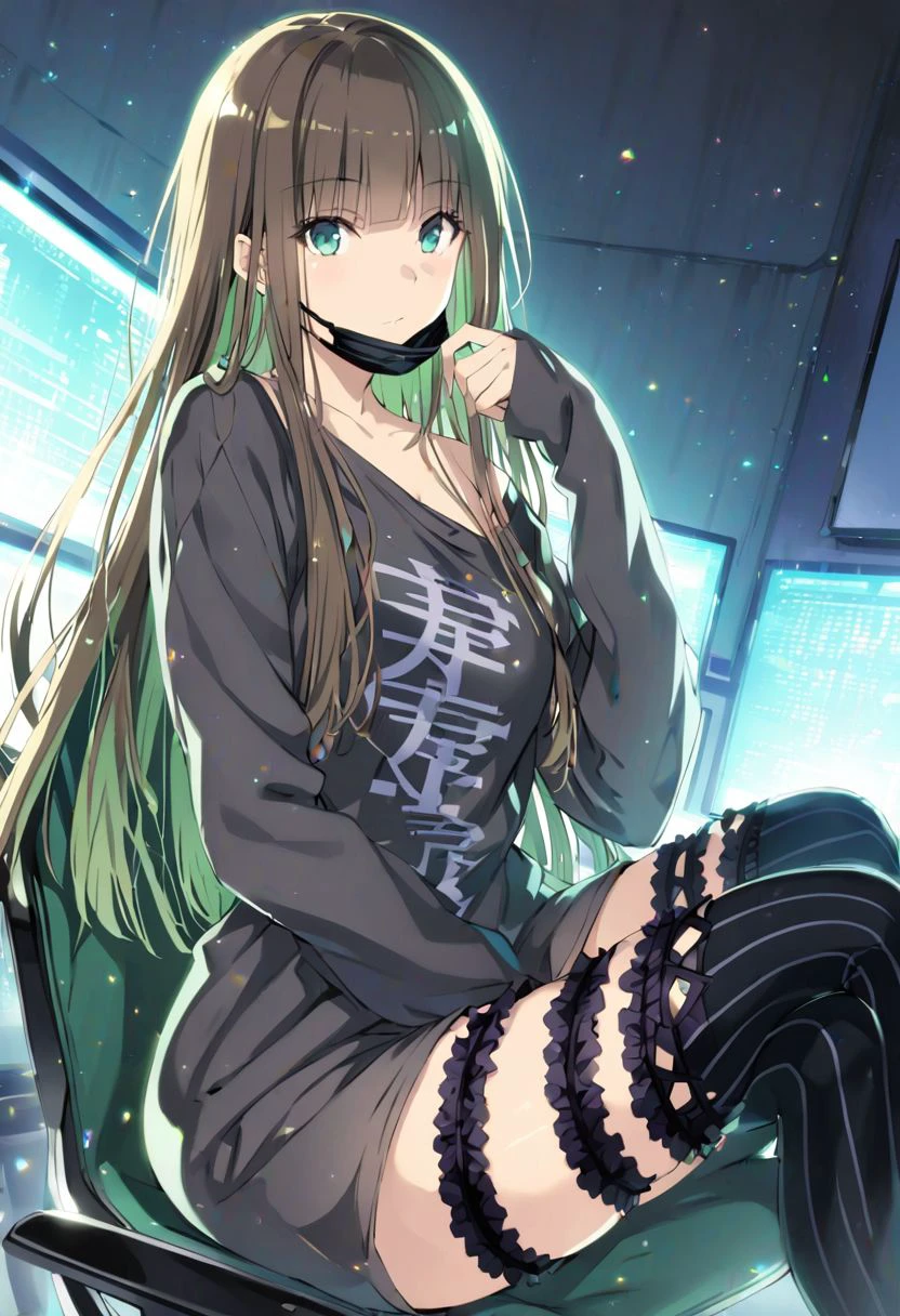 gretelalt, brown hair, long hair, teal eyes,
thighhighs, bangs, mouth mask,  long sleeves, legband, stockings,
looking at viewer,(sitting on a gamer chair:1.3), (at dark gamer bedroom:1.3), full body, depth of field, from below dynamic angle, dynamic light, best quality ,masterpiece, high resolution, detailed, (2000s anime art:1.2)