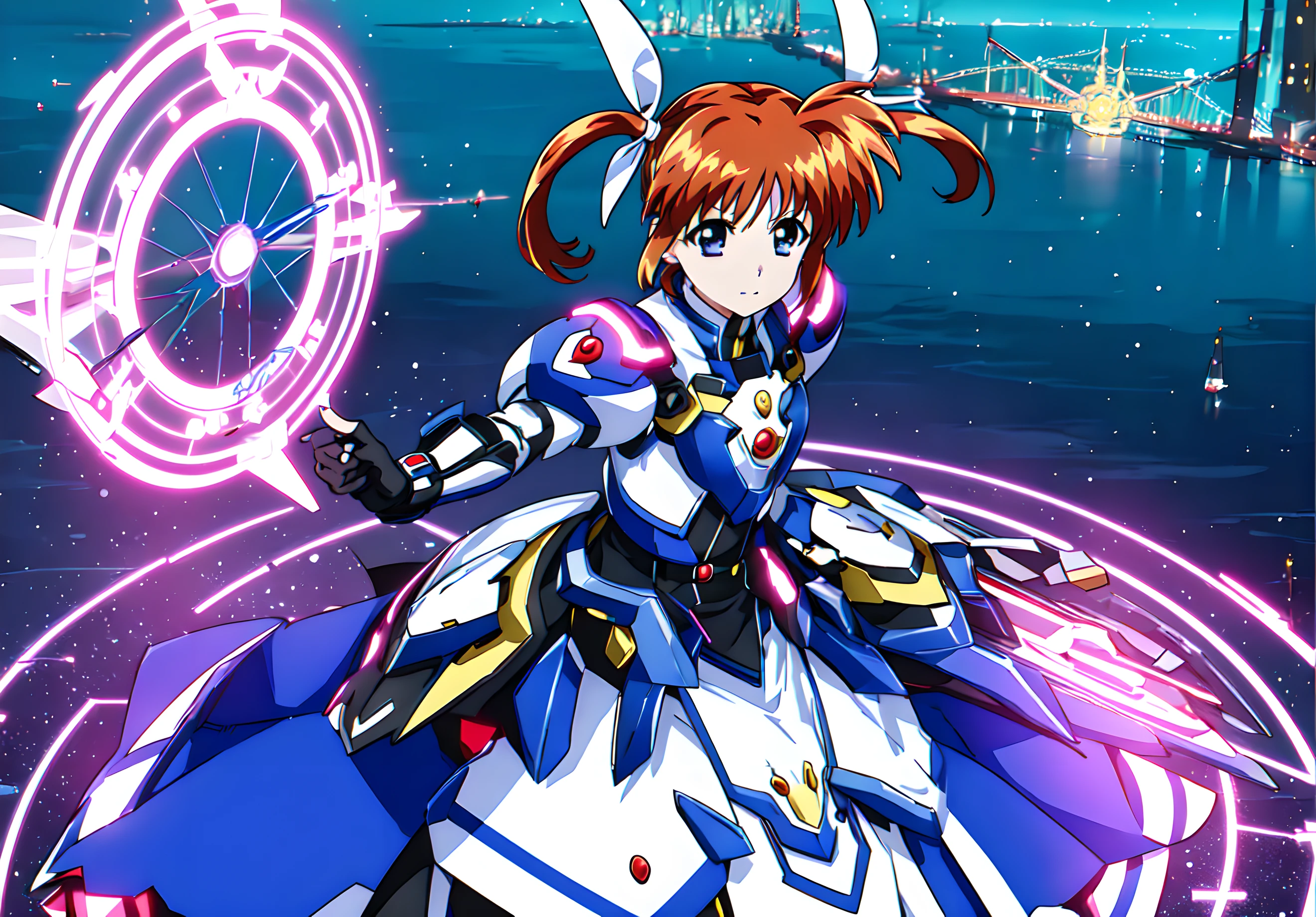 <lora:nanoha:0.8>,nanoha,1girl,super fine illustration,masterpiece,best quality,solo,gloves,armor,dress,puffy sleeves,long sleeves,blue Hand armor,black gloves,fingerless gloves,light particle,(magic circle:1.1),cityscape,