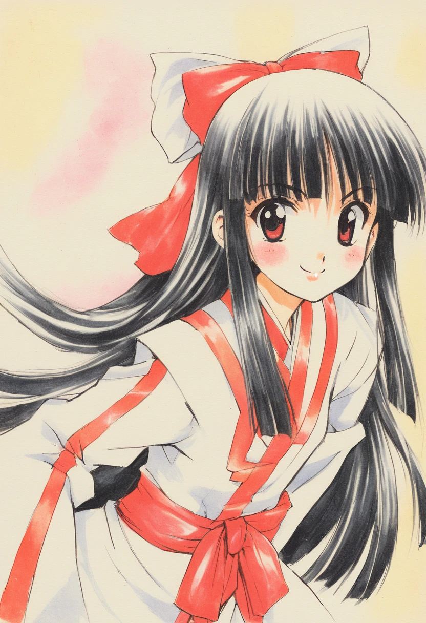 1girl,nakoruru, samurai spirits,
masterpiece, best quality, oldest,anime,
(smile:0.7)
<lora:nanaseaoi:1>
1990s \(style\), 1girl, ainu clothes, bangs, black hair, bow, closed mouth, colored pencil \(medium\), hair bow, long hair, long sleeves, looking at viewer, marker \(medium\), nakoruru, painting \(medium\), red bow, retro artstyle, smile, solo, traditional media, upper body, very long hair, watercolor \(medium\)