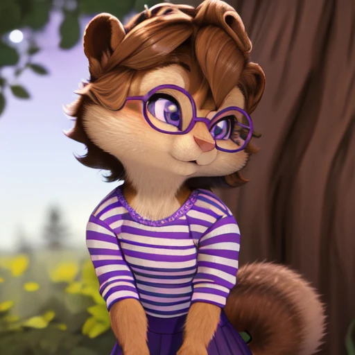 <lora:JeanetteCGI:0.8>, jeanettecgi, solo, chipmunk, furry, cub, small body, skinny, cute, purple oval glasses, (small ears), (short snout), messy hair, small hair tuft on top of head, wearing purple and white striped shirt and dark blue polka skirt, close up, outdoors, masterpiece, detailed background
