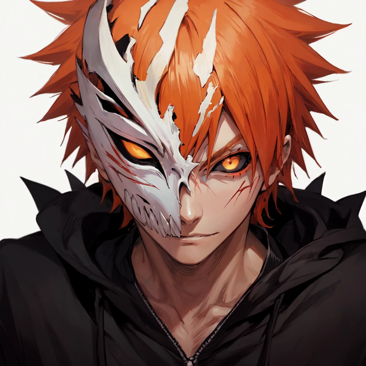 hollow mask ichigo, colored sclera, mask, black sclera, orange hair, looking at viewer, spiked hair, male focus, solo<lora:EMS-326913-EMS:1.000000>