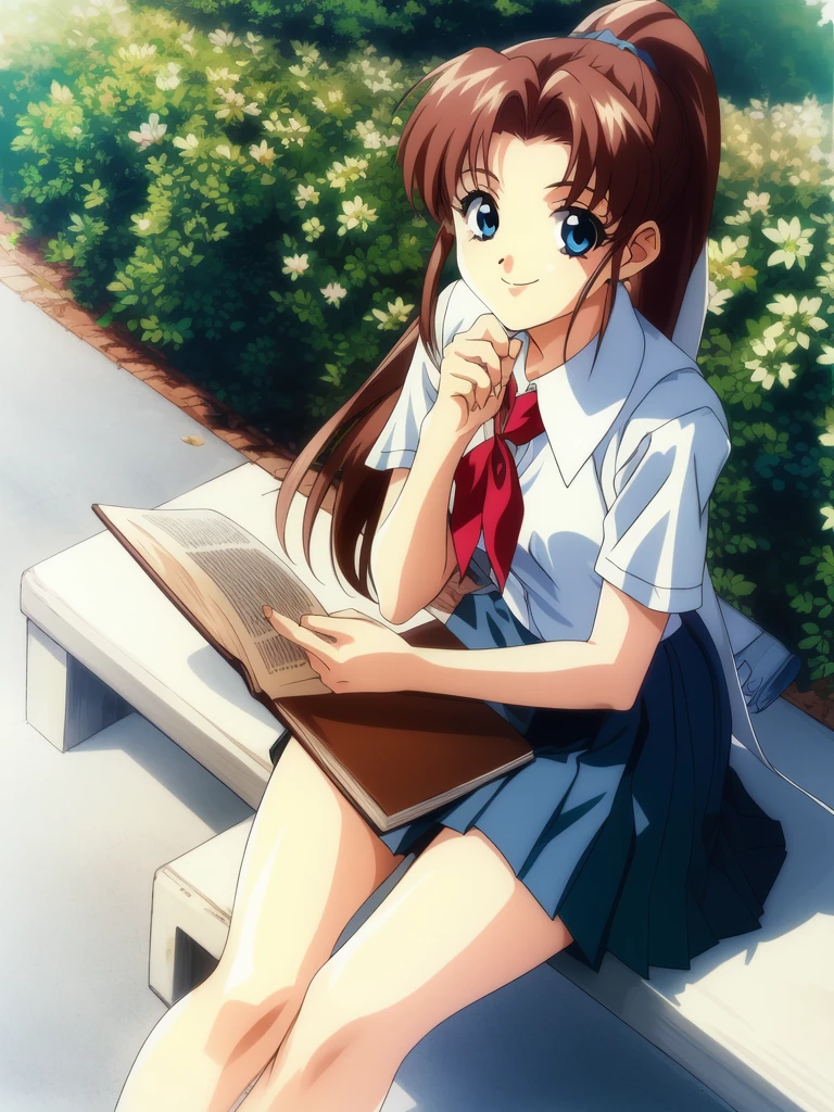 <lora:yoshino_tomomi:0.8>,  yoshinotomomi, 1girl, soro, long hair, brown hair, blue eyes, ponytail, high ponytail, medium breasts,  book, smile, skirt, holding, sitting, outdoors, looking at viewer, short sleeves, retro artstyle, 1990s (style), pleated skirt, school uniform,
masterpiece, high quality, very_high_resolution, large_filesize, full color,