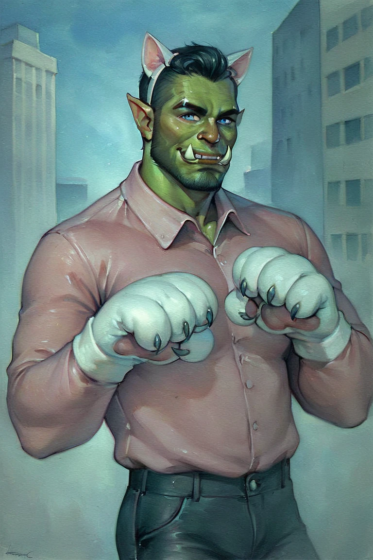 score_9, score_8_up, score_7_up, rating_safe, traditional media, realistic, orc, green skin, tusks, facial hair, beard, mustache, black hair, blue eyes, pink shirt, collared shirt, long sleeves, black pants, muscular, 1boy, solo, male focus, mature male, fake animal ears, animal ears, cat ears, white cat ears, paw gloves, white paw gloves, cat paws, paw pose, smile, looking at viewer, cowboy shot, standing, outdoors, city, building <lora:Turquoise Style LoRA_Pony XL v6:0.7>