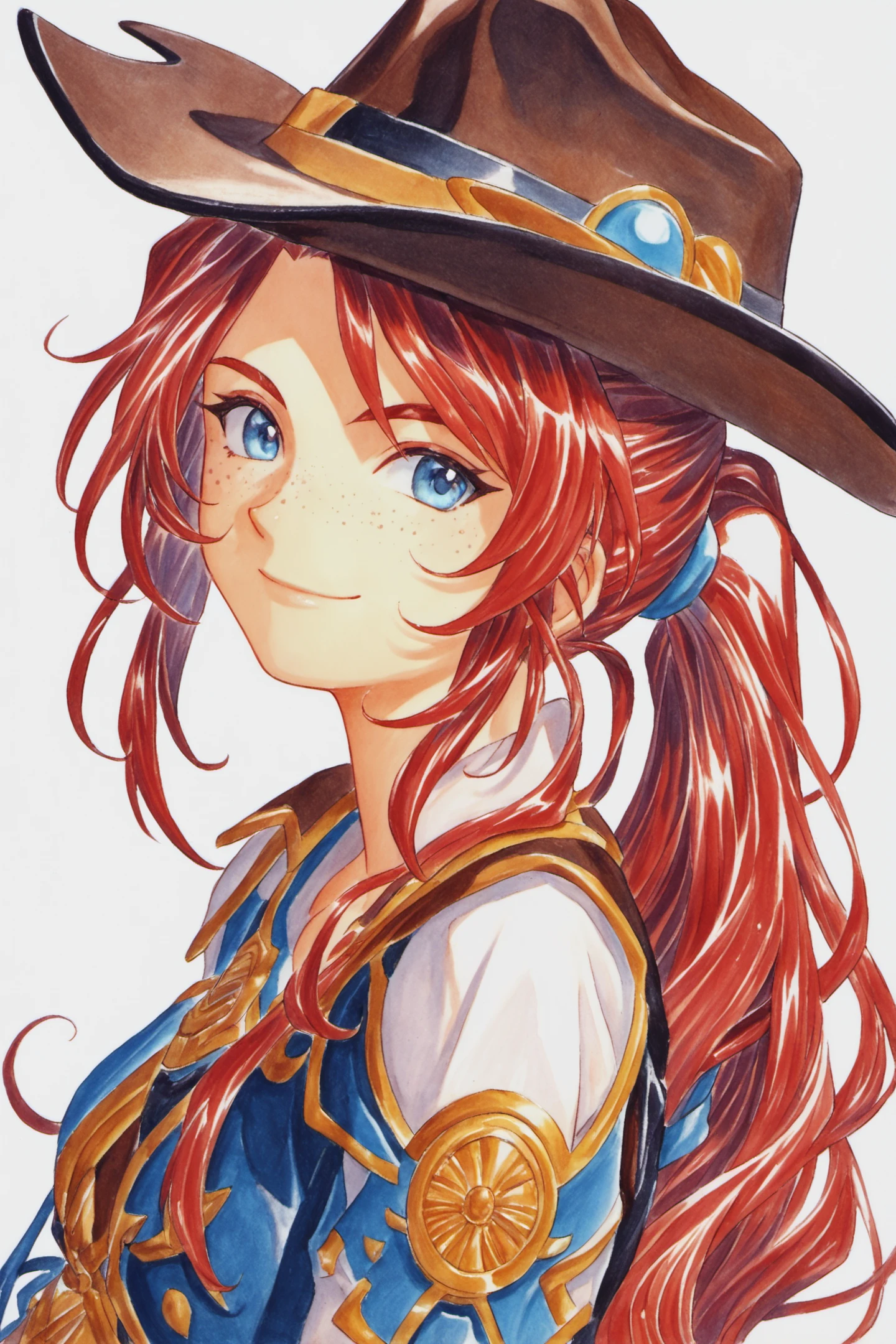 Gemini Sunrise,freckles,1girl,solo,hat,cowboy hat,blue eyes,long hair,smile,closed mouth,upper body,white background,traditional media,ponytail,cowboy western,simple background,looking at viewer,red hair,jewelry,red hair,score_9,score_8_up,<lora:Kosuke Fujishima_XL_PONY:0.9>,