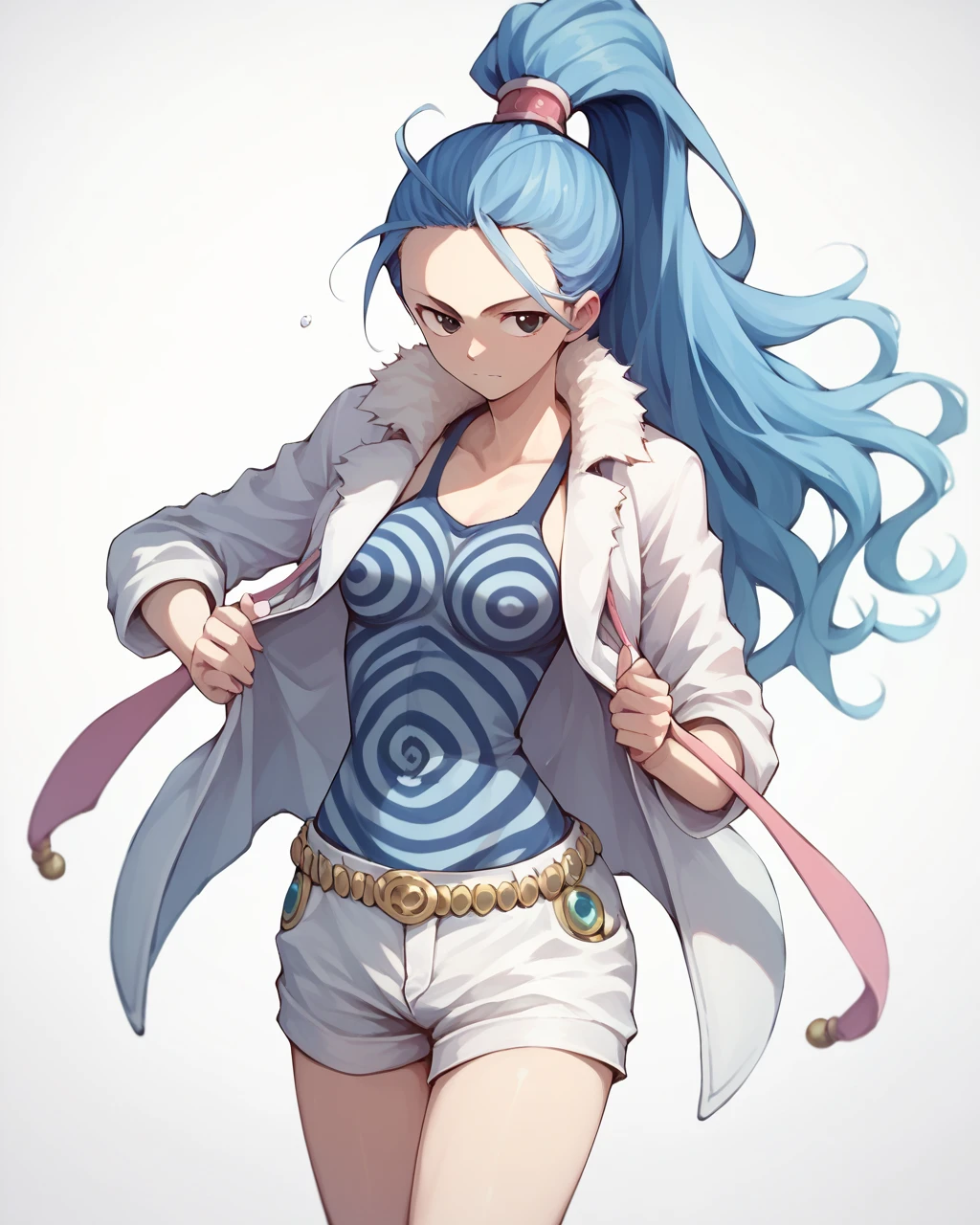 score_9, score_8_up, score_7_up,
<lora:Nefertari_Vivi_PONY:1>,ããã§ã«ã¿ãª ãã,1girl, solo, black eyes,long hair,blue hair,high ponytail,white shorts, open clothes, jacket,