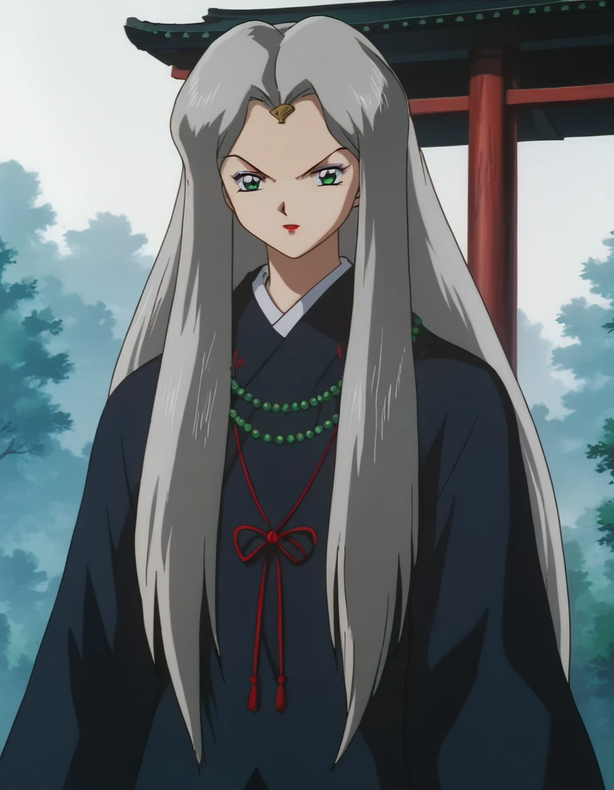 score_9, score_8_up, score_7_up, source_anime,
inuyashatsubaki, <lora:inuyasha-tsubaki-ponyxl-lora-nochekaiser:1>,
tsubaki, long hair, very long hair, green eyes, grey hair, makeup, lipstick, retro artstyle, 1990s \(style\),
long sleeves, jewelry, japanese clothes, robe, beads,
outdoors, shrine,
looking at viewer,