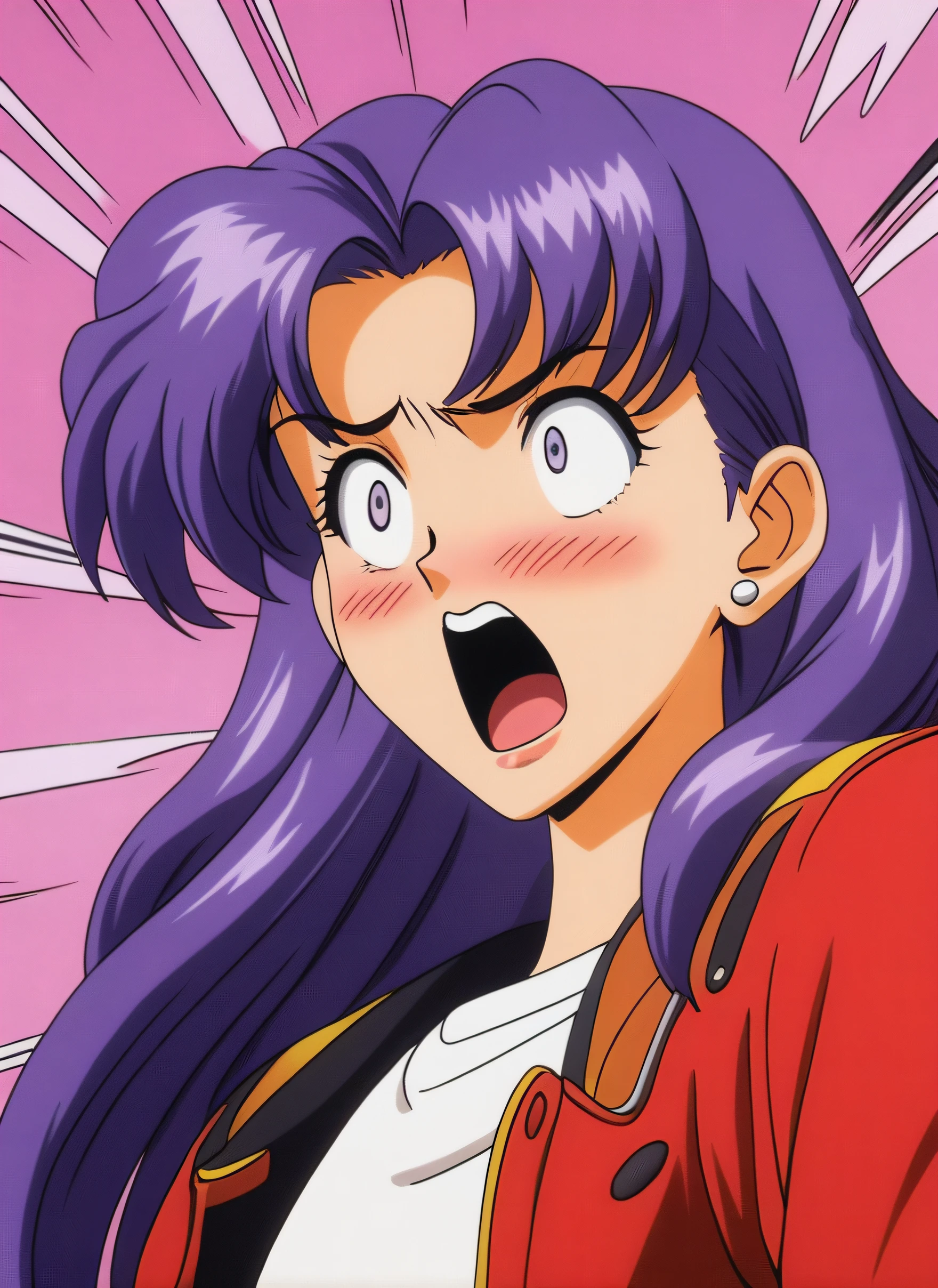<lora:Misato:0.5> (high detailed,masterpiece), 1girl,solo,long hair,blush,open mouth,bangs,jewelry,jacket,upper body,purple hair,earrings,teeth,coat,parody,surprised,red jacket,,wide-eyed,stud earrings,retro artstyle,1990s (style),masterpiece,oldest,katsuragi misato