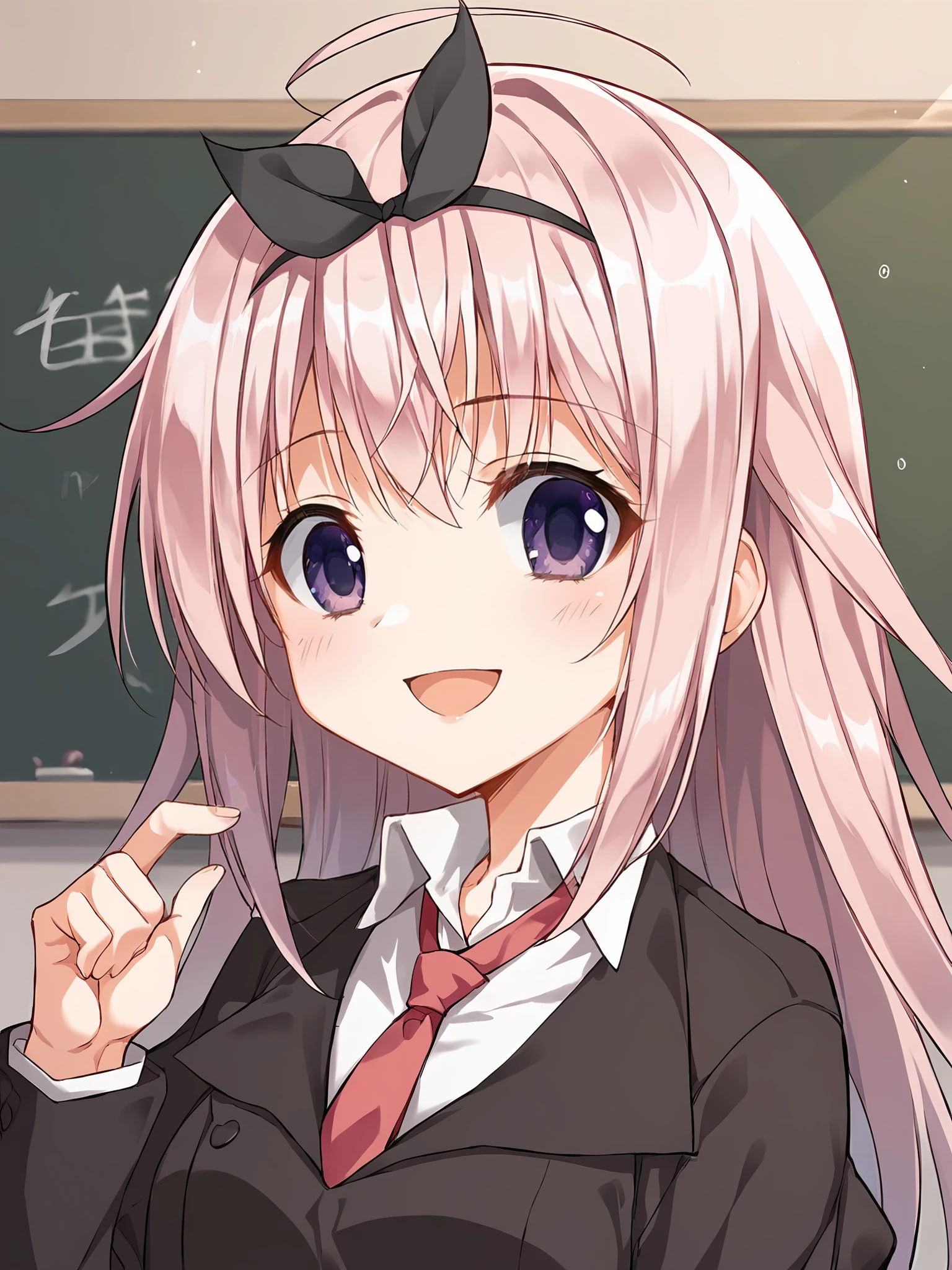 score_9, score_8_up, score_7_up, source_anime, 1girl, solo,
hruriwo_V1, pink hair, long hair, bangs, purple eyes, black hair bow, bow hairband, ahoge,
school uniform, blazer, black jacket, juliet sleeves,
white shirt, collared shirt, red necktie,
smile, open mouth,
upper body,
indoors, school, classroom, chalkboard,
<lora:hruriwoV1b-pony:0.65>