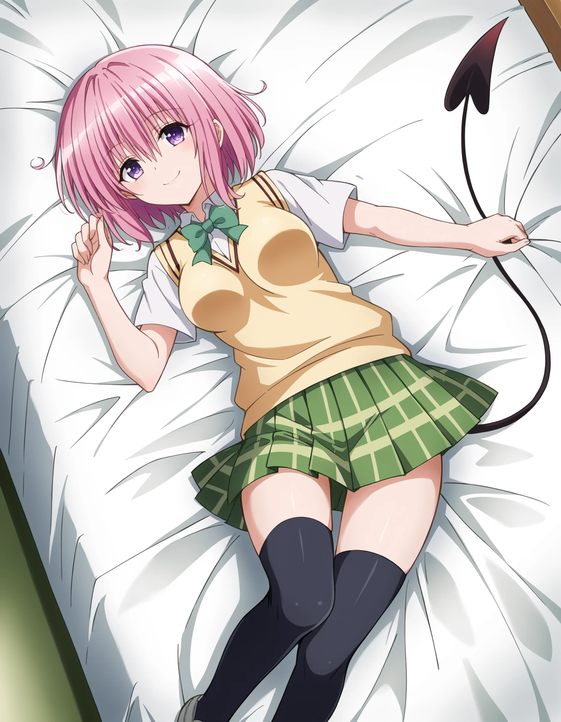score_9, source_anime, anime coloring, momodevil, 1girl, solo, <lora:momodevilvXLPonyV1-000006:0.7>, To Love-ru, momo velia deviluke, bob cut, short hair, pink hair, purple eyes, medium breasts, bright colors, pastel, bright pink hair, sainan high school uniform, white shirt, green skirt, (pleated skirt:1.4), green bow, black thighhighs, uwabaki, orange sweater vest, flower, tail, demon tail, smile, happy, (pink lips:0.8), on back, lying on bed