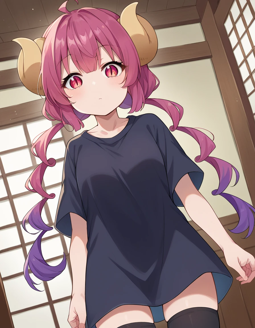 score_9, score_8_up, score_7_up, source_anime,
dragonilulu, <lora:dragon-ilulu-ponyxl-lora-nochekaiser:1>,
ilulu, curled horns, horns, long hair, multicolored hair, purple hair, red eyes, red hair, slit pupils,
black shirt, long shirt, black thighhighs, collarbone, shirt, short sleeves, thighhighs, wide sleeves, zettai ryouiki,
indoors,
looking at viewer, cowboy shot, dutch angle,