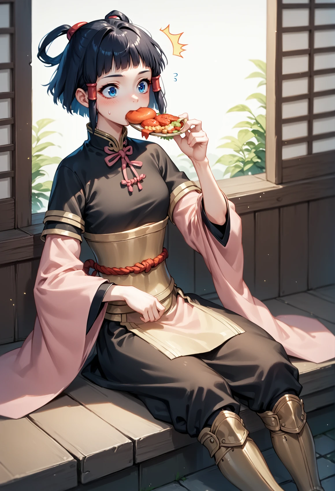 1girl, black hair, short hair, sidelocks, double Topknot, blue eyes, chinese clothes, ribbon, long sleeves, pink sleeves, skirt, leggings, yellow boots, sitting, surprised, full mouth, eating, baozi, blushing <lora:Lyon_Suikoden_V-XL:1>, score_9, score_8_up, score_7_up, score_6_up, score_5_up, score_4_up, BREAK source_anime, masterpiece