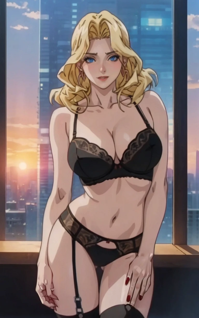 BlackLingeri_AliceNonoyama_ownwaifu,
1girl, blonde hair, long hair, blue eyes, lips, mature female, breasts, large breasts, cleavage, navel, lipstick, makeup, earrings, jewelry, red nails, nail polish,
lingerie, black bra, black panties, garter belt, underwear, black thighhighs, thighhighs, bra, panties, garter straps, cameltoe, bare shoulders,
<lora:FAP_CHR_Lingeries_AliceNonoyama_ownwaifu:0.8>,
((masterpiece)),((best quality)),((anime screencap, game_cg)), original, official_art, chromatic_aberration, bokeh, depth_of_field, skyline, scenery, cloudy_sky, sunset, outdoors, day, looking at viewer, solo, cowboy shot,