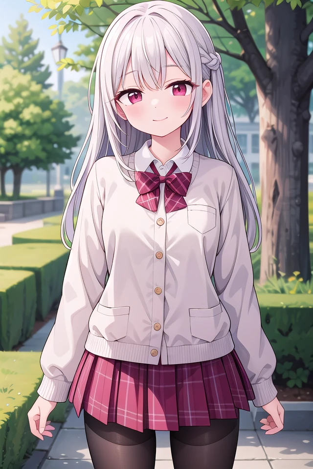 insanely detailed, absurdres, ultra-highres, ultra-detailed, best quality,
1girl, solo, nice hands, perfect hands
BREAK
(School Uniforms:1.2), (pink cardigan is fit body:1.4), ((do up a buttons, not loose):1.5), ((long sleeve, sleeves past wrists):1.2), (inner wear is white collared-shirt:1.3), (red plaid-pattern bow:1.3), (red plaid-pattern pleated skirt:1.3), ((dark-brown pantyhose, loafers):1.2)
, (cleavage:-1.5)
BREAK
happy smile, laugh, closed mouth
BREAK
(45 angle:-1.5), (from side:-1.5),
standing, cowboy shot, looking at viewer
BREAK
slender, kawaii, perfect symmetrical face, ultra cute girl, ultra cute face, ultra detailed eyes, ultra detailed hair, ultra cute, ultra beautiful
BREAK
in forest, depth of field, ultra detailed background
BREAK
medium large breasts
BREAK
(grey hair, red eyes), spiked hair,