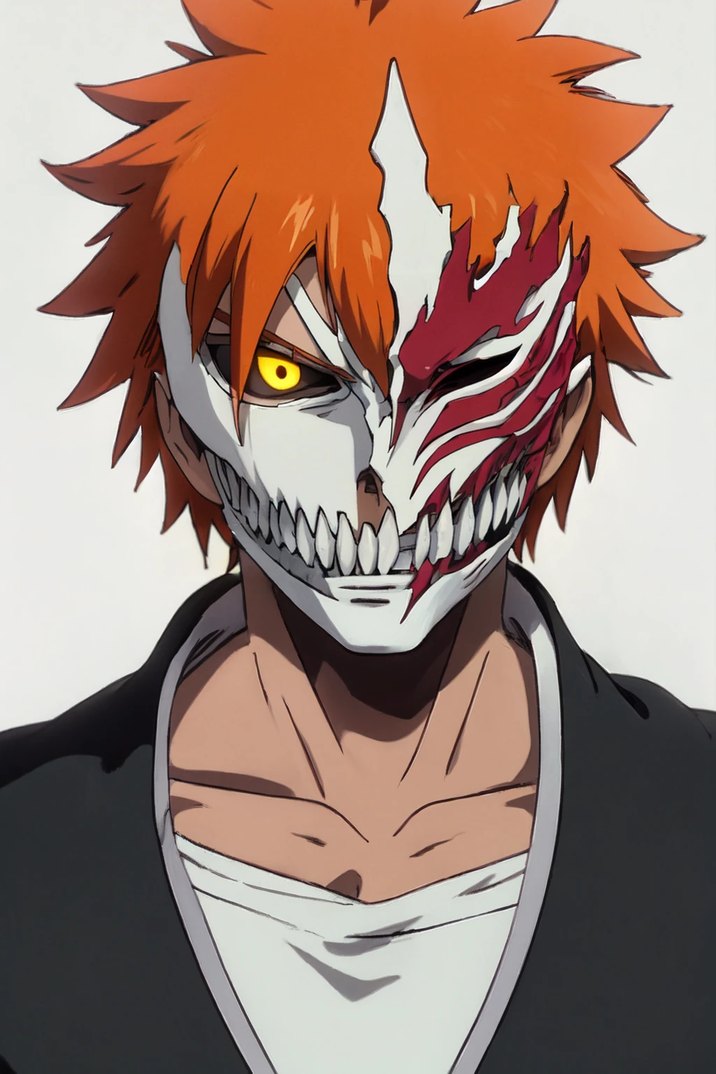 hollow mask ichigo, colored sclera, black sclera, orange hair, looking at viewer, spiked hair, male focus, solo ,ghibli<lora:EMS-326913-EMS:0.900000>